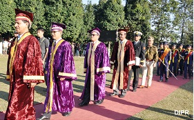 The Governor of Arunachal Pradesh, Shri JP Rajkhowa, in the Convocation procession of the 13th University Convocation of Rajiv Gandhi University (RGU), Rono Hills, Doimukh in the University campus on 30th November 2015.